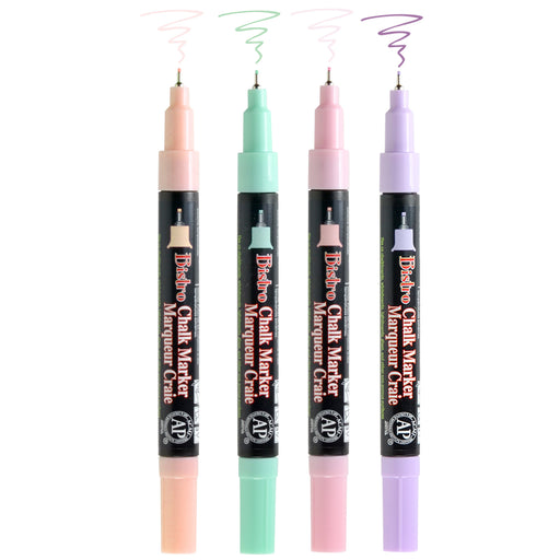 Marvy Uchida Bistro chalk marker four piece set uncapped; showing extra fine tips. Colors include pastel peach, peppermint, blush pink, and pale violet.
