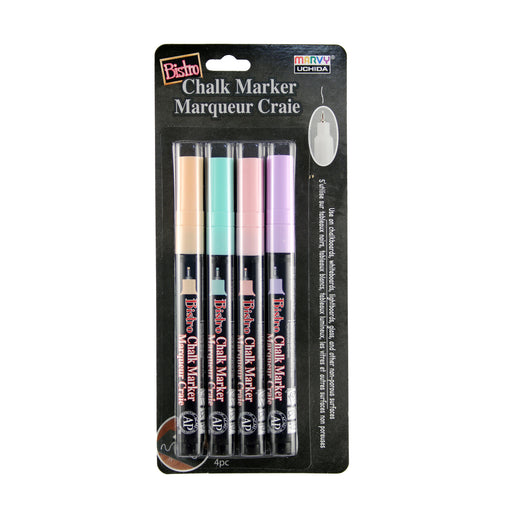 Carded Marvy Uchida Bistro chalk marker four piece set with extra fine tip. Set 4P. Colors include pastel peach, peppermint, blush pink, and pale violet.