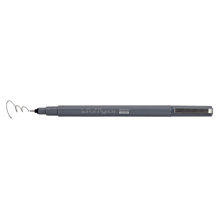 Le pen pigment marker grey with cap off showing color squiggle at tip 