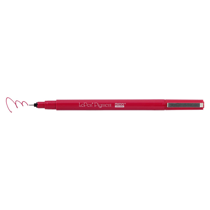 Le pen pigment jewel set burgundy marker with cap off showing burgundy squiggle at tip.