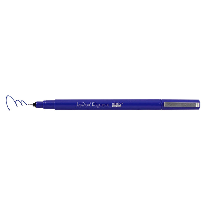 Le pen pigment jewel set navy marker with cap off showing navy squiggle at tip.