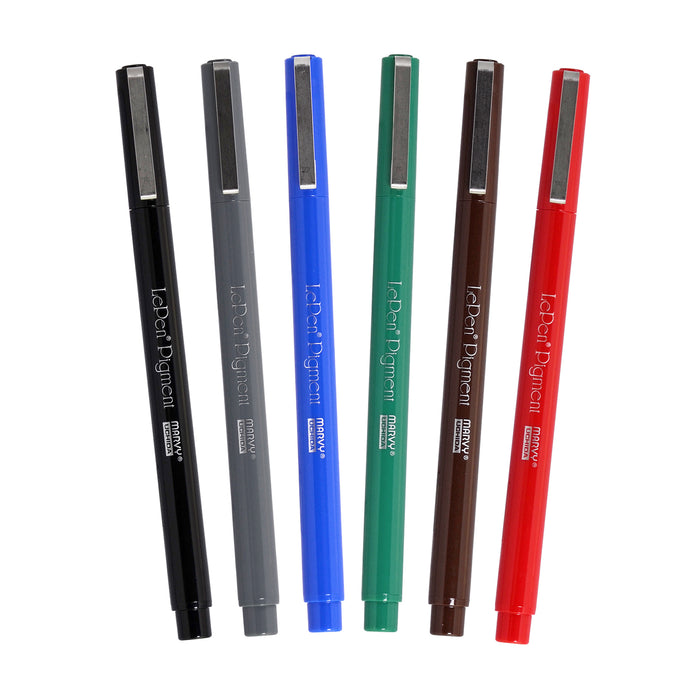 Le pen pigment primary set markers with cap on showing colors black, grey, blue, green, brown, and red. 