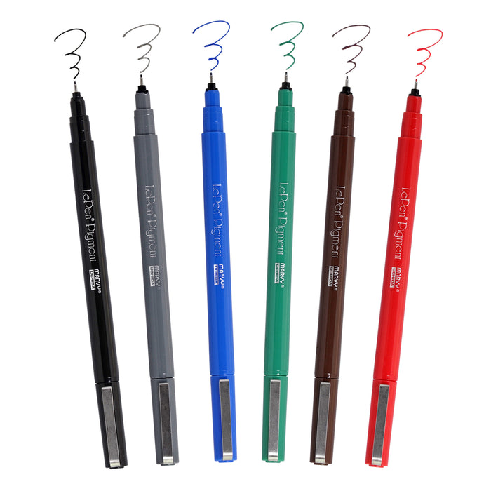 Le pen pigment primary set markers with cap off showing color squiggle of black, grey, blue, green, brown, and red. 
