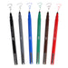 Le pen pigment primary set markers with cap off showing color squiggle of black, grey, blue, green, brown, and red. 