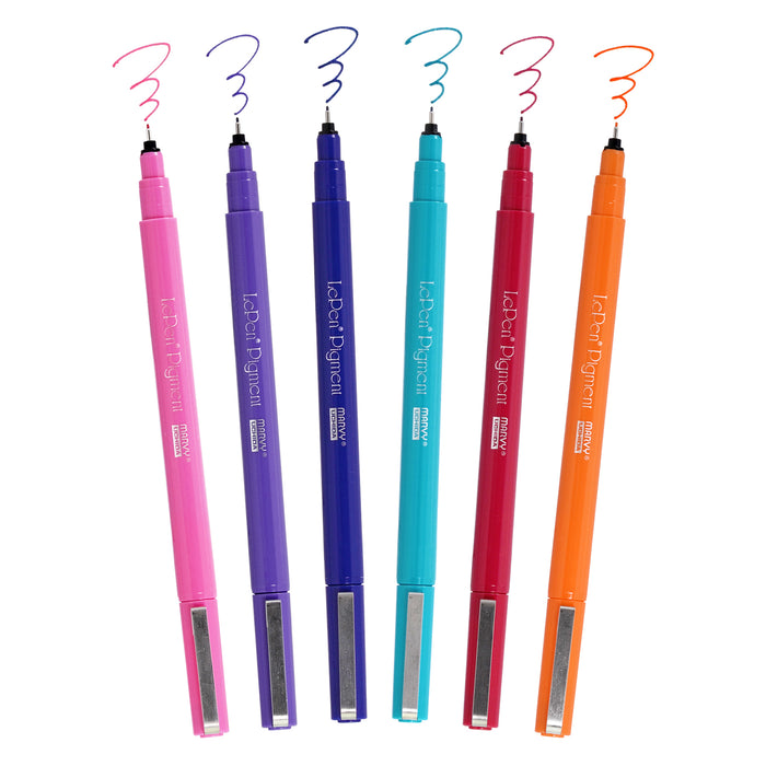 Le pen pigment jewel set markers with cap off and color squiggles in pink, lavender, navy, teal, burgundy, and orange