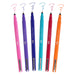 Le pen pigment jewel set markers with cap off and color squiggles in pink, lavender, navy, teal, burgundy, and orange