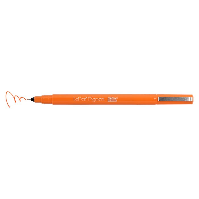 Le pen pigment jewel set orange marker with cap off showing orange squiggle at tip.