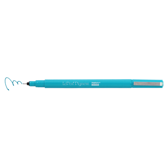 Le pen pigment jewel set teal marker with cap off showing teal squiggle at tip.