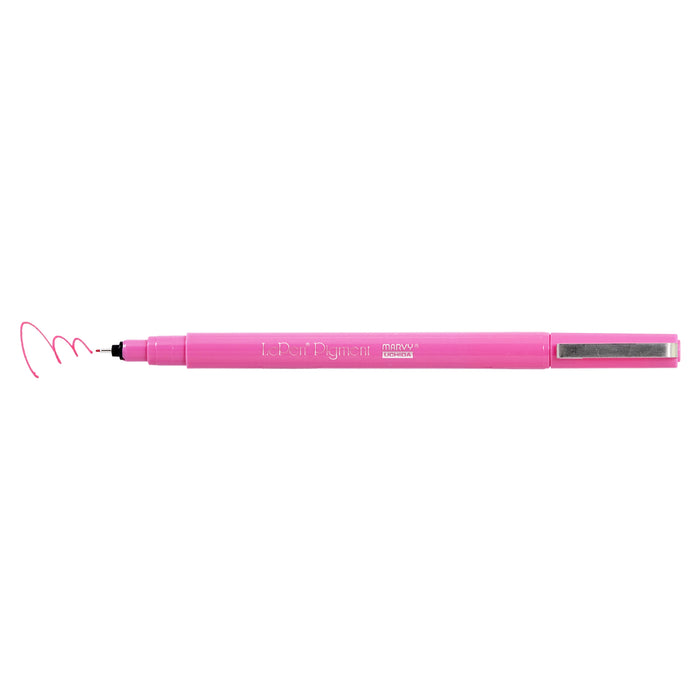 Le pen pigment jewel set pink marker with cap off showing pink squiggle at tip.