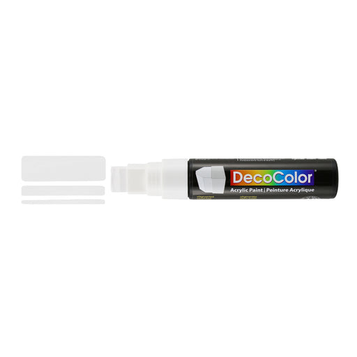 Decocolor acrylic wedge tip marker white with cap off and color lines at tip