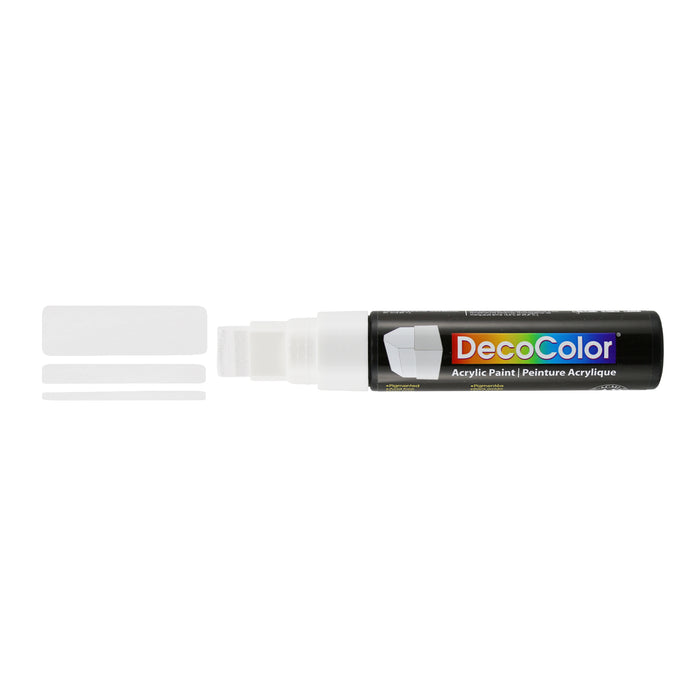 Decocolor acrylic wedge tip marker white with cap off and color lines at tip