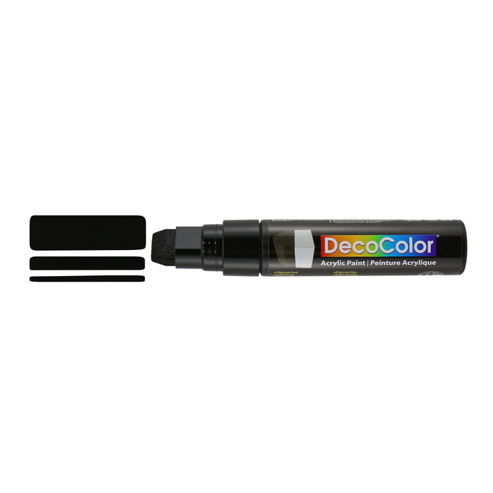 Decocolor acrylic wedge tip marker black with cap off and color lines at tip